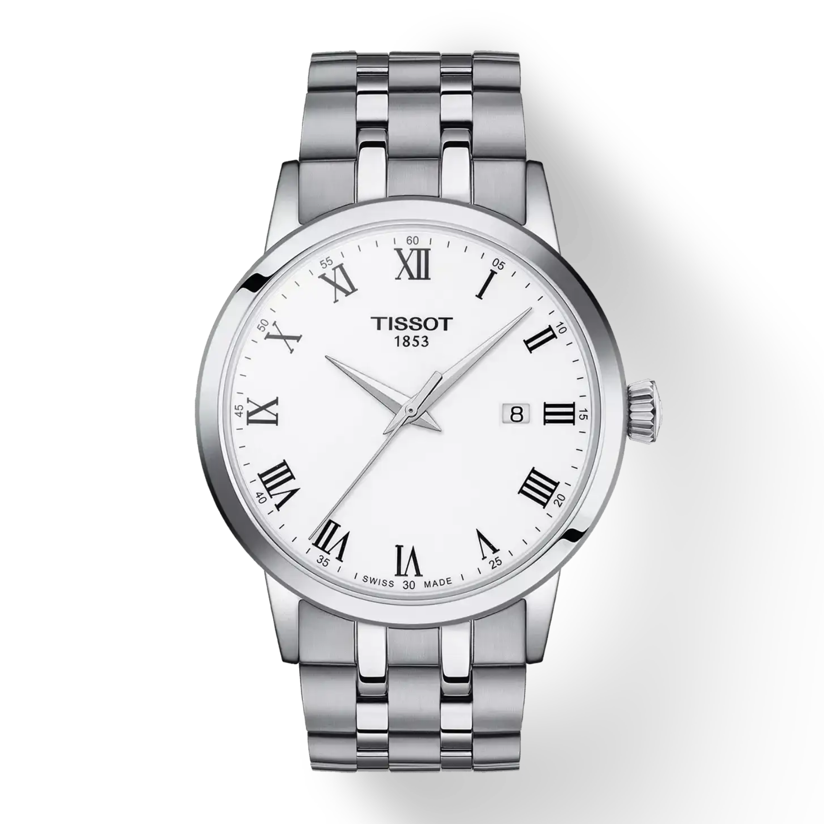 Tissot Classic Dream 42mm white dial with Roman numeral markers and date window