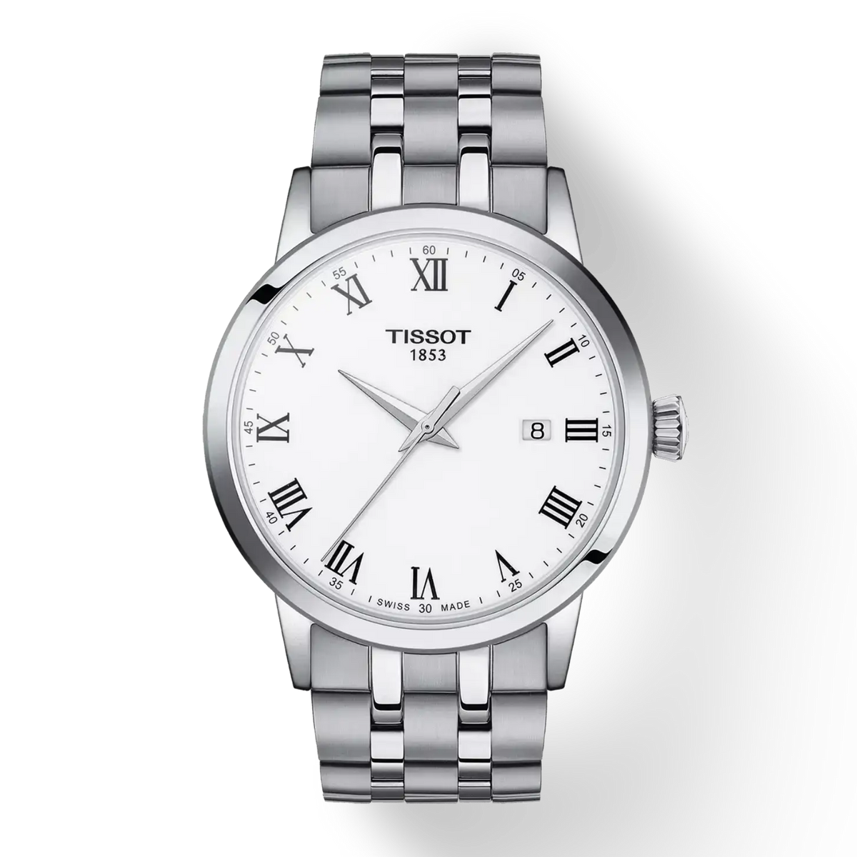Tissot Classic Dream 42mm white dial with Roman numeral markers and date window
