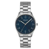Obaku Falke Denim V260GXCLSC-DAF quartz watch with midnight blue dial, Arabic numerals, luminous hands, and stainless steel three-link bracelet, 40mm case
