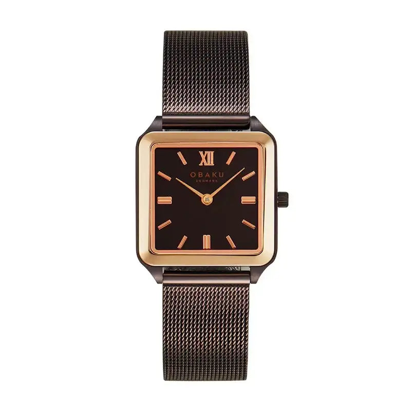Obaku Graf Walnut V309LXXNMN women's quartz watch with square brown PVD case, rose-gold bezel, brown sunburst dial, and chocolate mesh bracelet