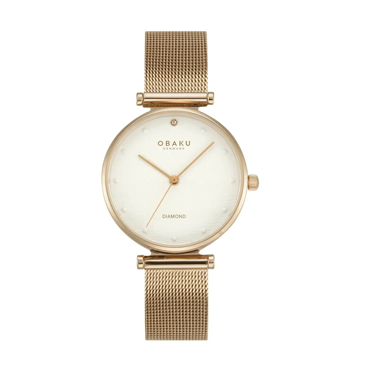Obaku Funkle V310LXVWMV women's quartz watch with white dial, diamond accent, rose gold case and mesh bracelet