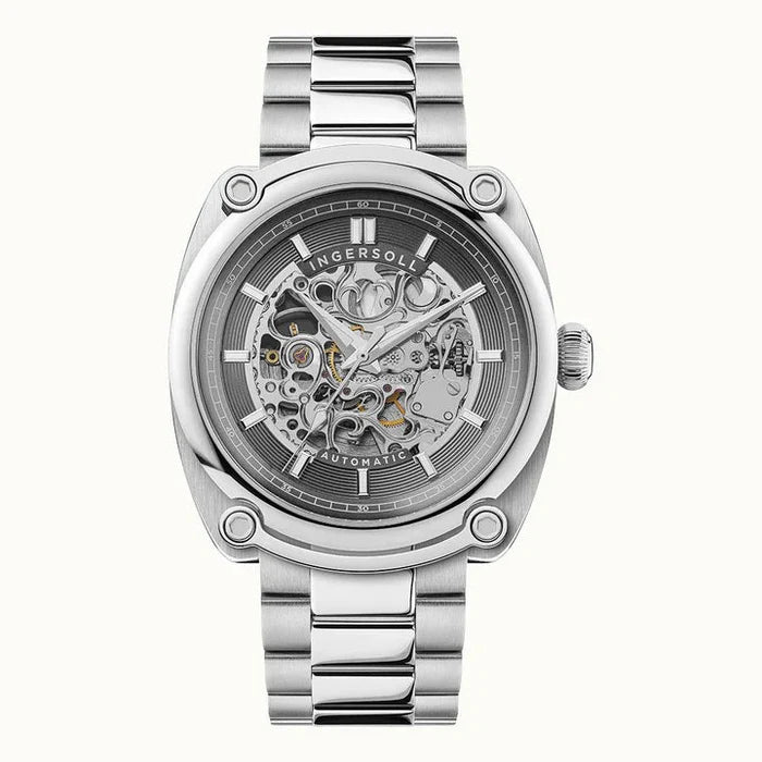 Ingersoll Michigan I13304 automatic skeleton watch grey dial stainless steel bracelet 45mm case front view