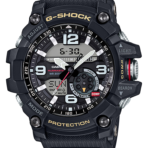 Casio G-Shock Mudmaster GG-B100-1ADR black tactical watch with digital compass and Bluetooth connectivity on textured resin strap