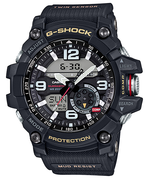 Casio G-Shock Mudmaster GG-B100-1ADR black tactical watch with digital compass and Bluetooth connectivity on textured resin strap