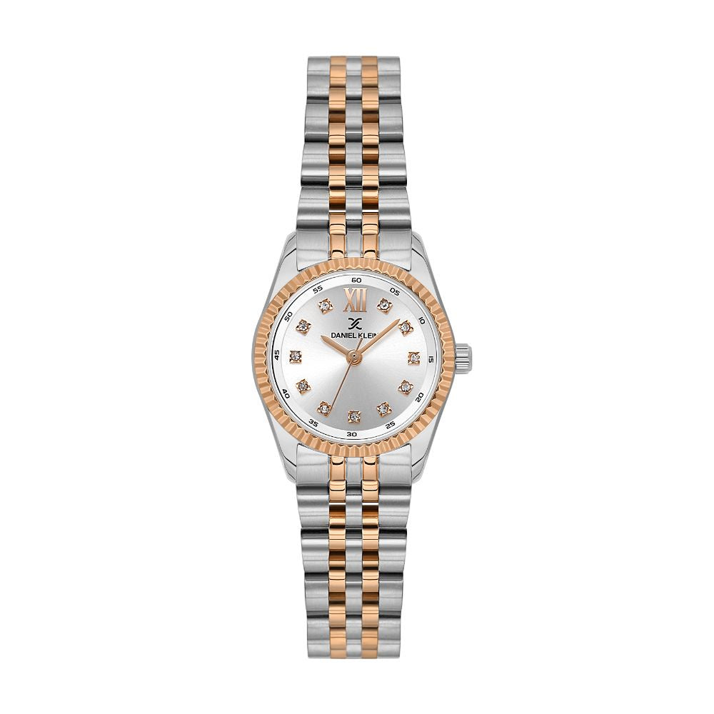 Daniel Klein Premium DK.1.13925-6 women's two-tone rose gold and silver stainless steel quartz watch with crystal markers and fluted bezel