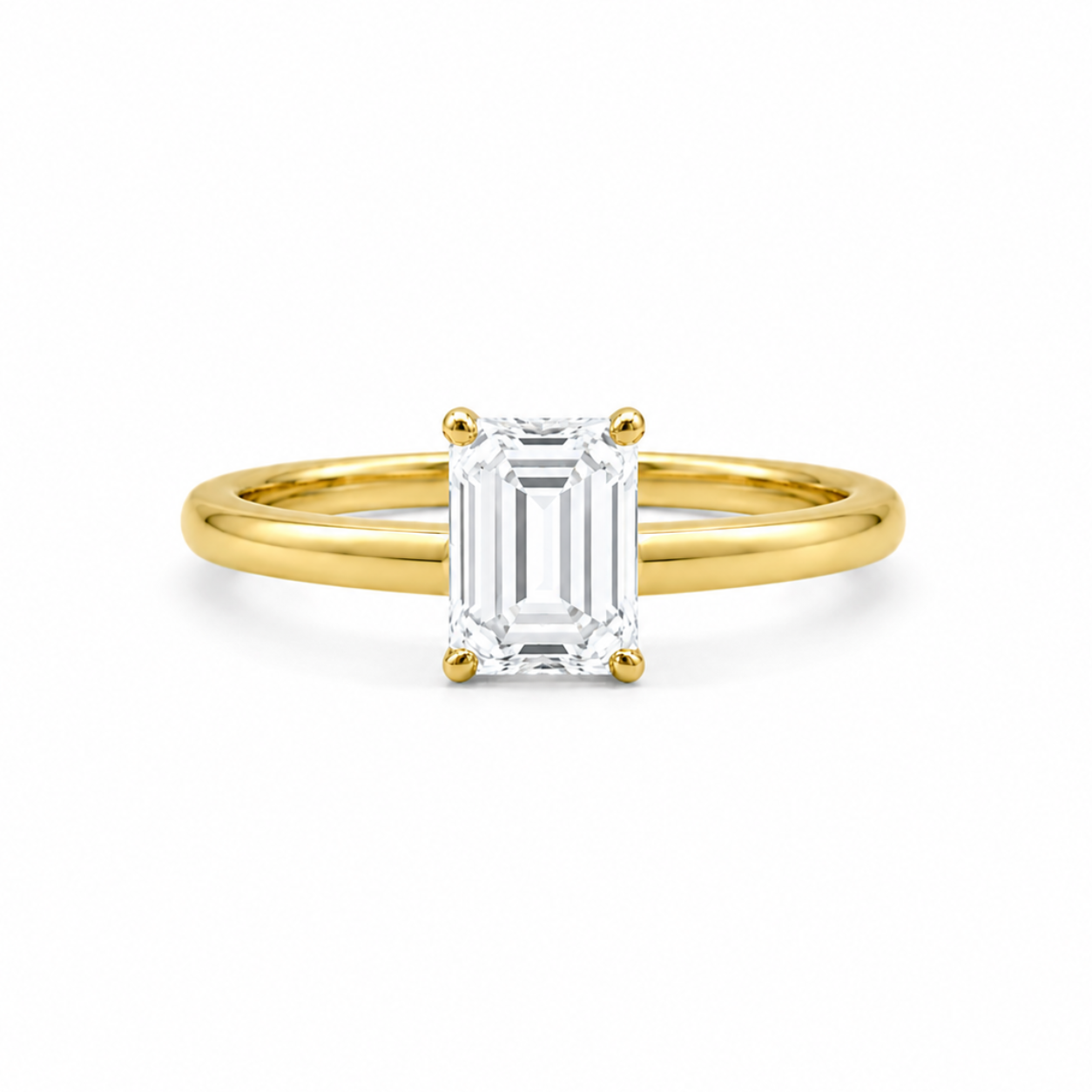 9ct yellow gold solitaire engagement ring with 1.00ct emerald-cut lab grown diamond in four-claw setting by Cassim & Co Johannesburg