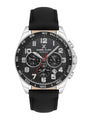 Daniel Klein Exclusive DK113843-1 multifunction sports watch with black dial, stainless steel case, tachymeter bezel, and black leather strap
