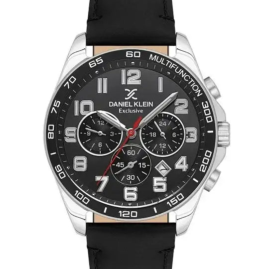 Daniel Klein Exclusive DK113843-1 multifunction sports watch with black dial, stainless steel case, tachymeter bezel, and black leather strap