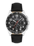 Daniel Klein Exclusive DK113843-1 multifunction sports watch with black dial, stainless steel case, tachymeter bezel, and black leather strap