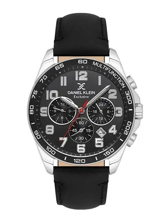 Daniel Klein Exclusive DK113843-1 multifunction sports watch with black dial, stainless steel case, tachymeter bezel, and black leather strap