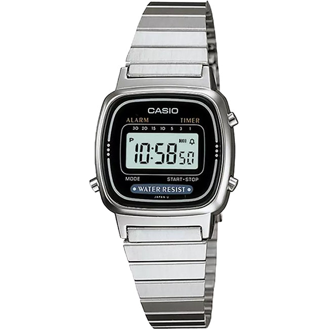 Casio LA670WA-1 vintage digital stainless steel watch with black dial and polished bracelet