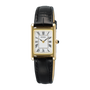 Seiko SWR108P1 Classic rectangular ladies watch with white Roman numeral dial, gold-tone stainless steel case and black leather strap