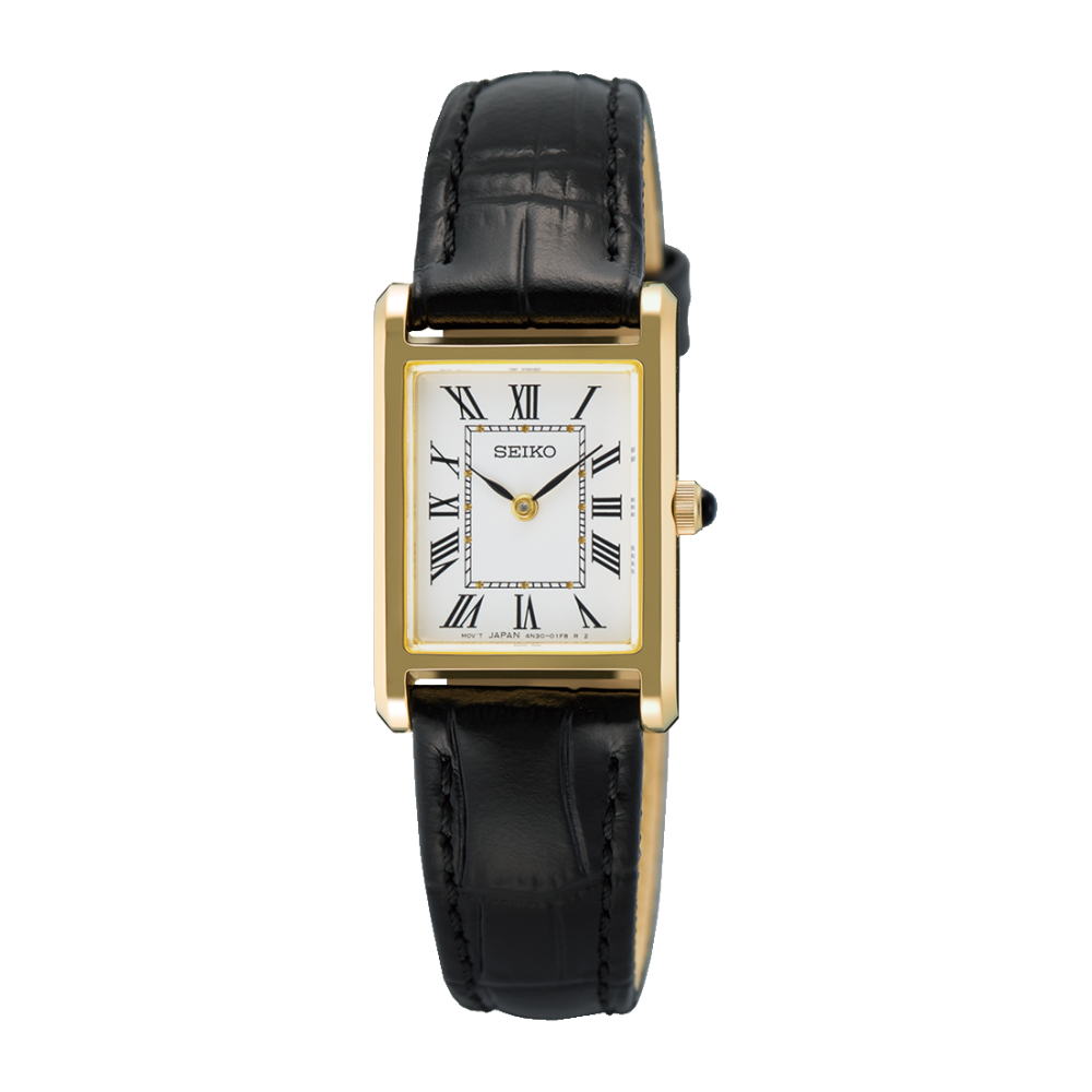 Seiko SWR108P1 Classic rectangular ladies watch with white Roman numeral dial, gold-tone stainless steel case and black leather strap