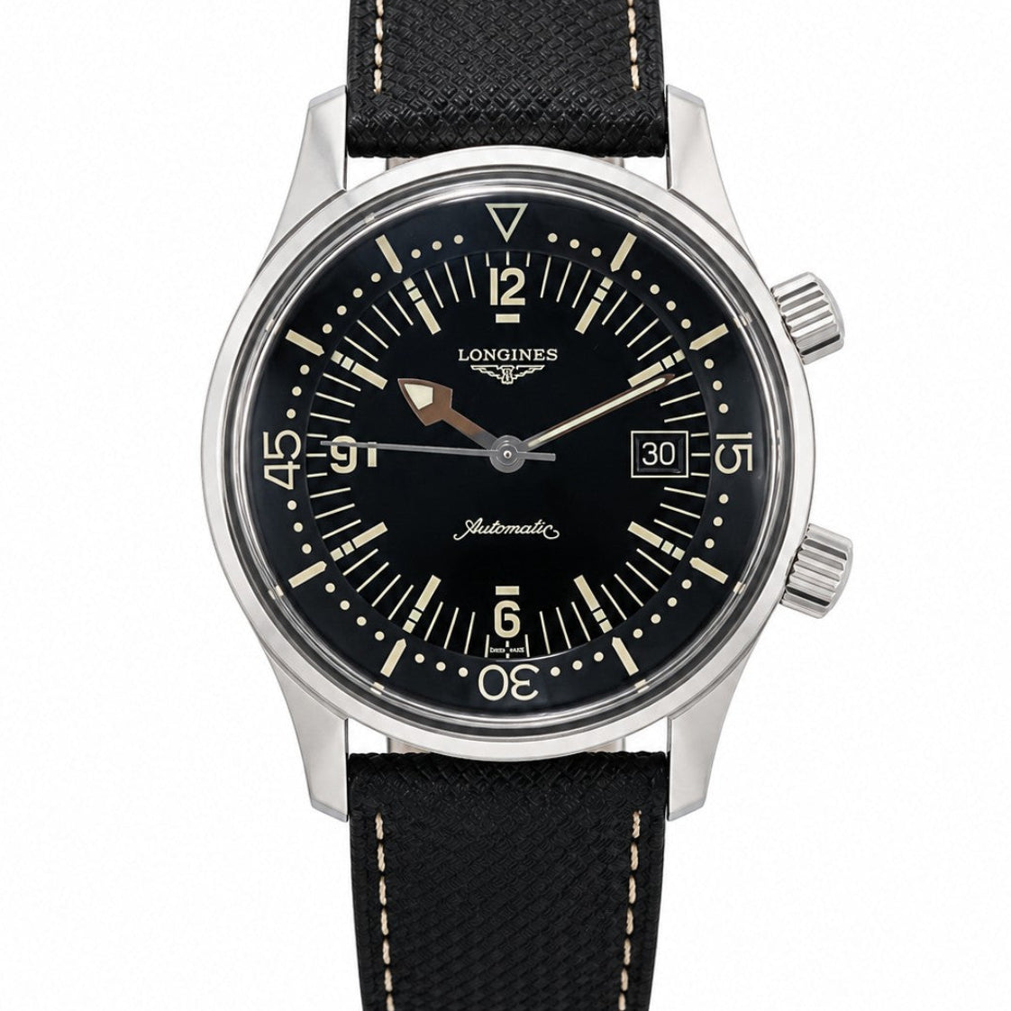 Pre-owned Longines Legend Diver L3.374.4.50.0 automatic watch with 42mm stainless steel case, black dial with luminous markers, date display, and black textile strap with beige stitching
