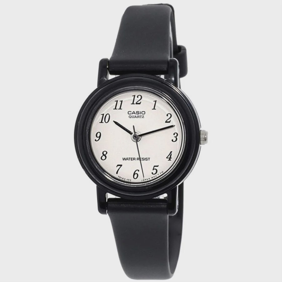 Casio LQ-139BMV-1B women's quartz watch with white dial, black Arabic numerals, and black resin case and strap