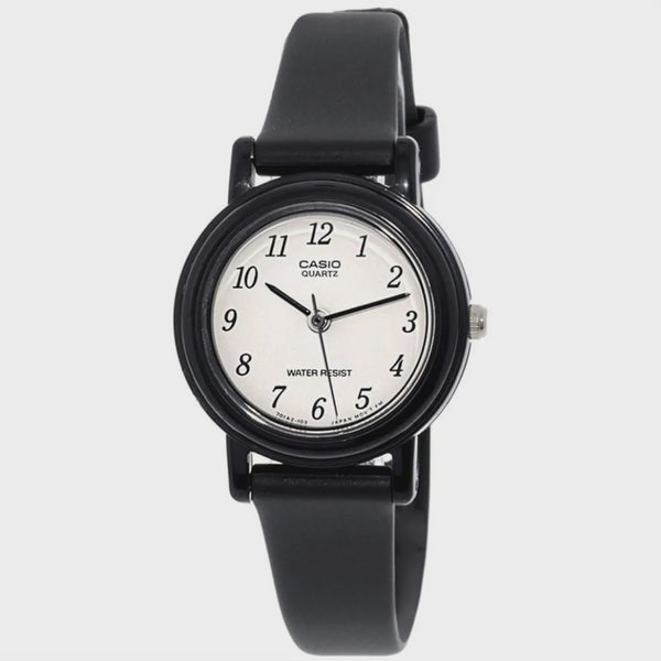 Casio LQ-139BMV-1B women's quartz watch with white dial, black Arabic numerals, and black resin case and strap