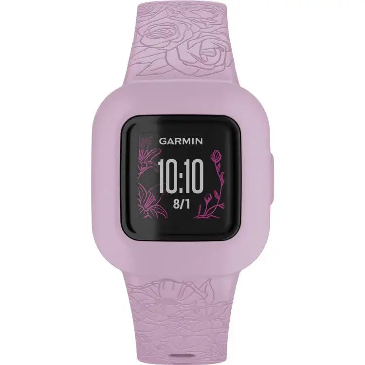 Garmin Vívofit jr. 3 Kids Fitness Tracker in Lilac Floral with embossed floral pattern silicone band and colour display showing time and date