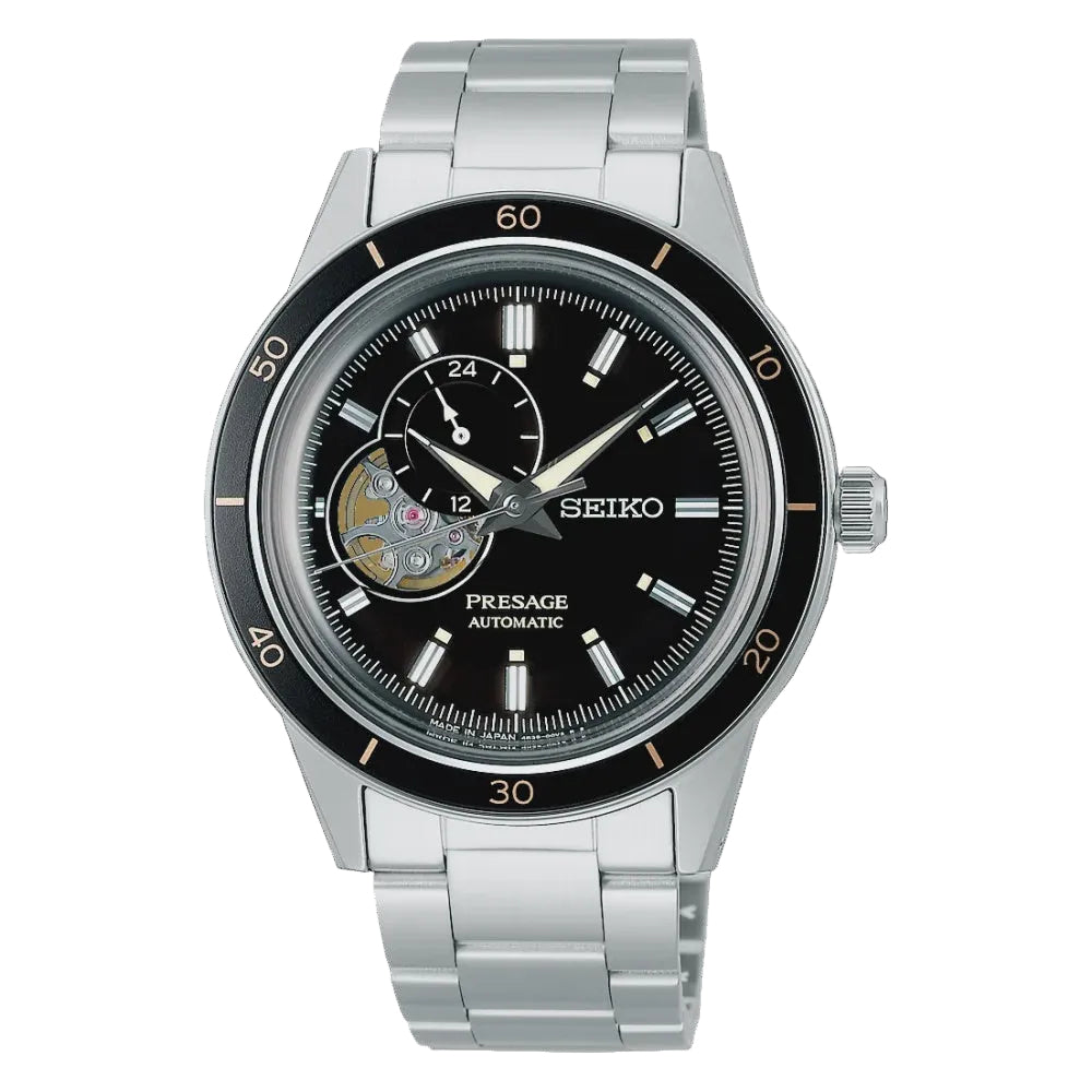 Seiko Presage Style60's SSA425J1 black dial watch front view on steel bracelet