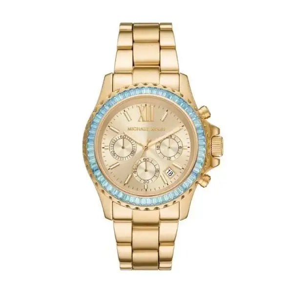 Michael Kors Everest MK7210 42mm gold-tone steel chronograph champagne dial blue crystal bezel