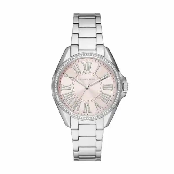 Michael Kors Kacie MK6929 pink sunray dial with pavé crystal bezel and steel bracelet
