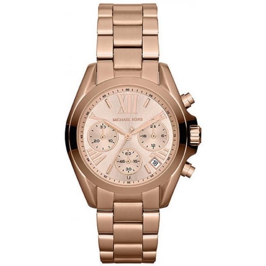 Michael Kors Bradshaw Mini MK5799 rose gold chronograph watch with 36mm stainless steel case and matching bracelet