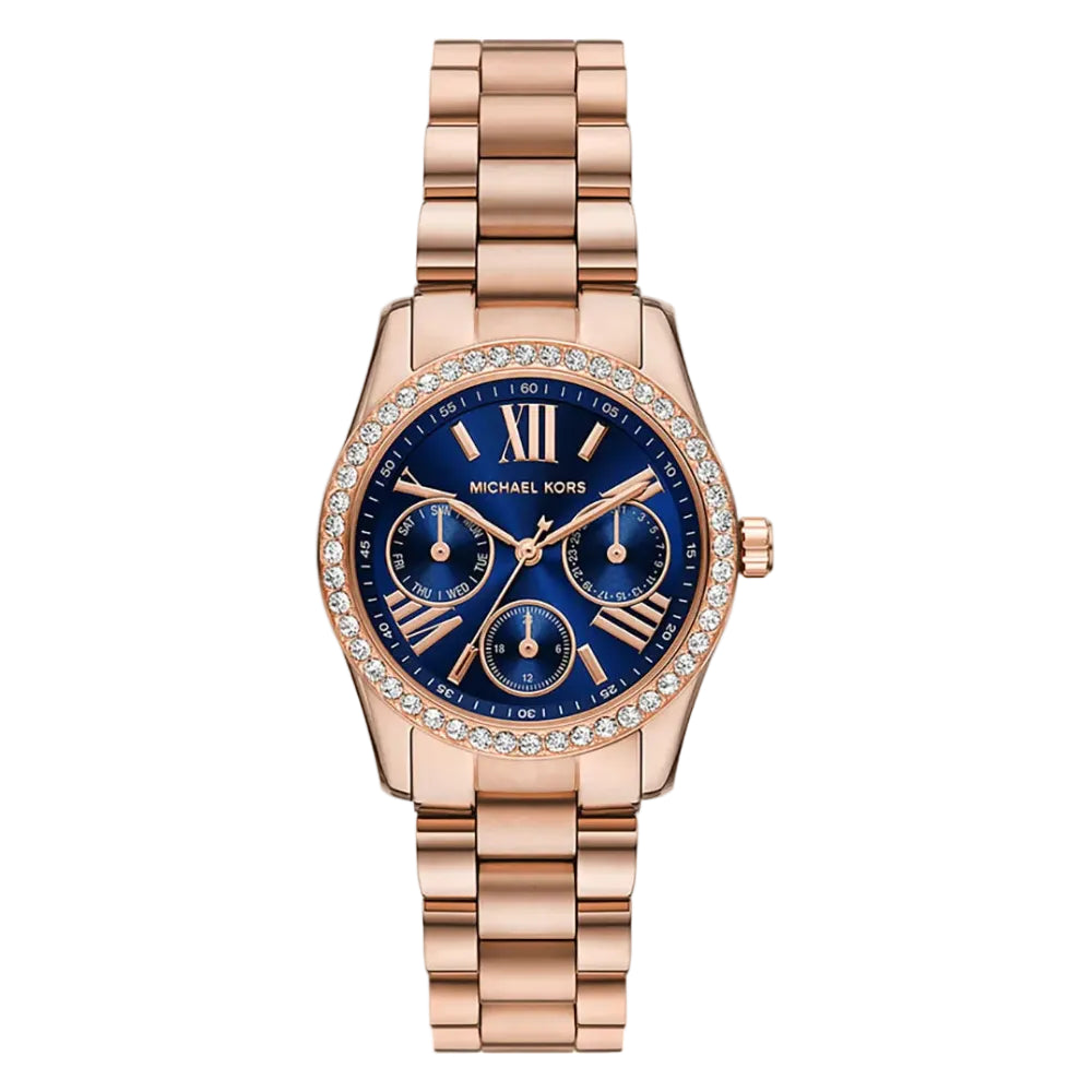 Michael Kors Mini Lexington MK4926 rose gold-tone steel watch with blue sunray dial and crystal-set bezel