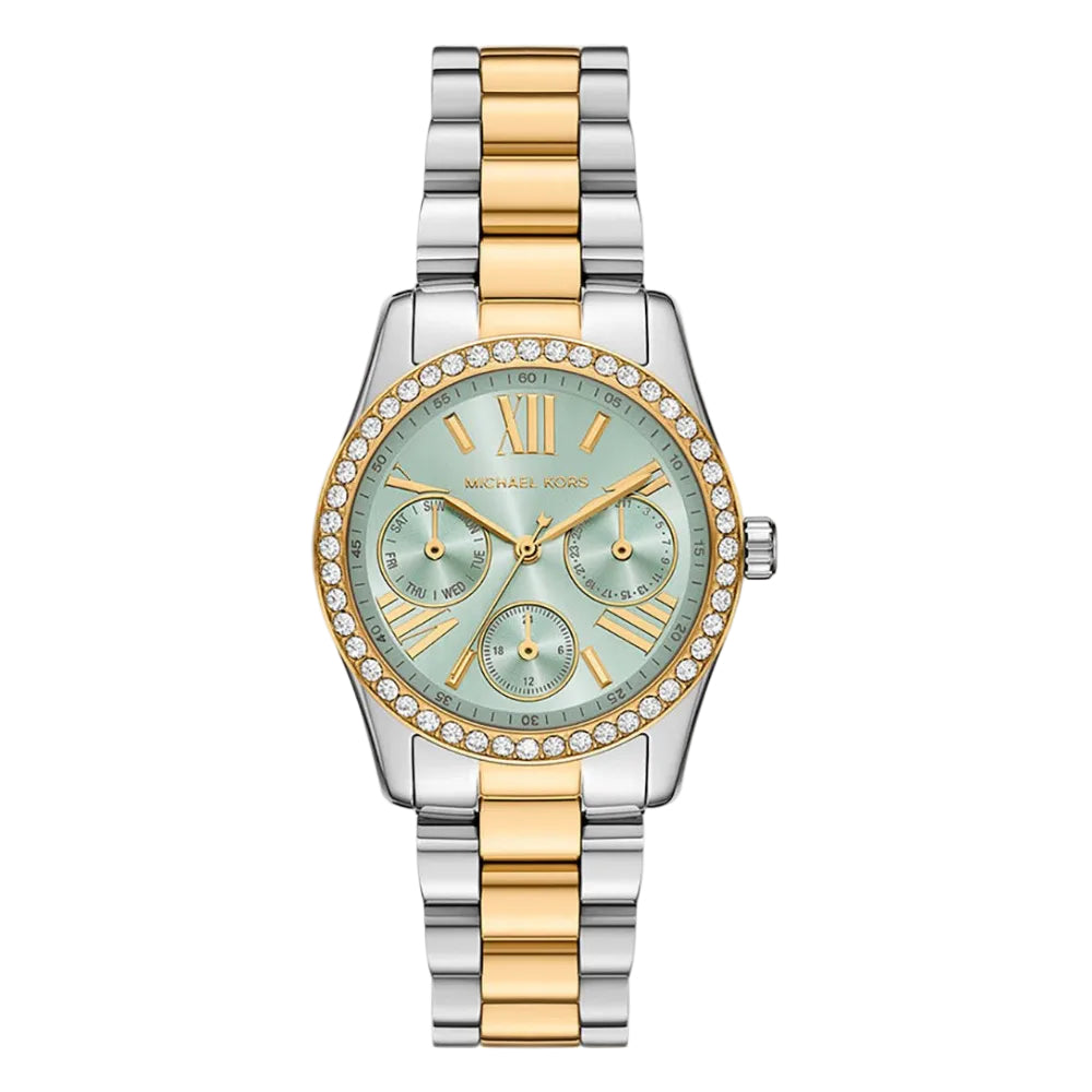 Michael Kors Lexington MK7609 ladies watch with mint green dial, crystal-set bezel, and two-tone stainless steel bracelet