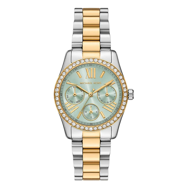 Michael Kors Lexington MK7609 ladies watch with mint green dial, crystal-set bezel, and two-tone stainless steel bracelet