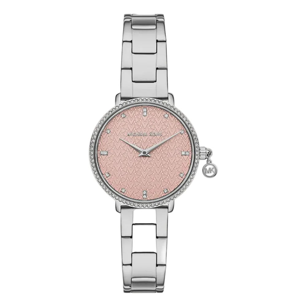 Michael Kors Pyper MK7617 ladies quartz watch with rose gold chevron-textured dial, crystal-set bezel, and polished stainless steel three-link bracelet