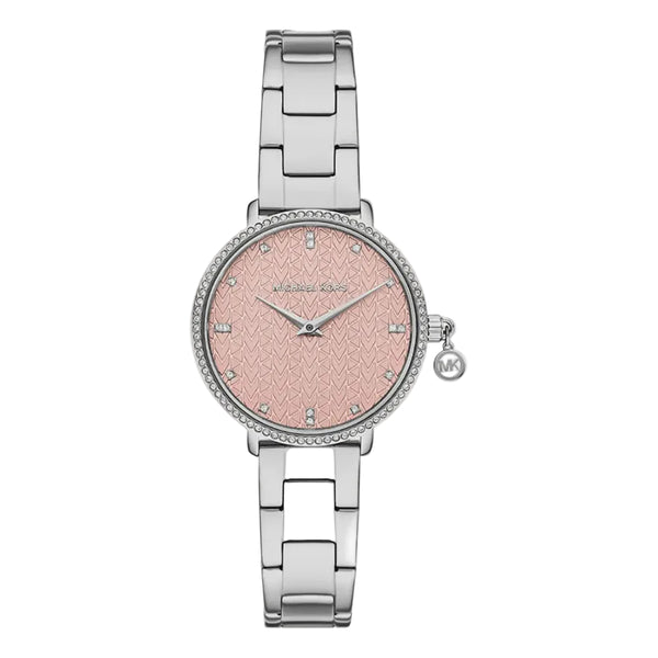 Michael Kors Pyper MK7617 ladies quartz watch with rose gold chevron-textured dial, crystal-set bezel, and polished stainless steel three-link bracelet