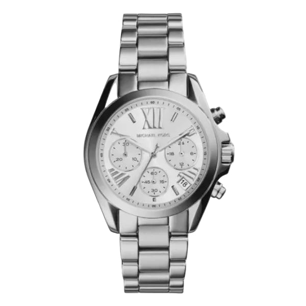 Michael Kors Bradshaw Mini MK6174 ladies chronograph watch with 36mm round stainless steel case, silver sunray dial, Roman numeral indices, and polished steel bracelet