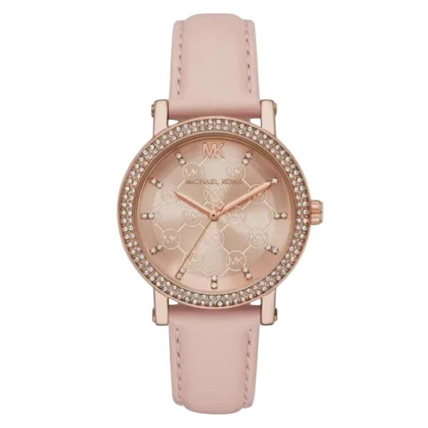 Michael Kors Corey MK7552 women's quartz watch with 38mm rose gold-tone case, pavé crystal bezel, pink monogram dial and blush leather strap
