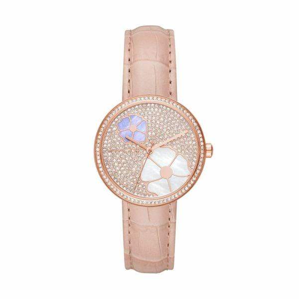 Michael Kors Courtney MK2718 rose gold quartz watch with crystal-set dial, mother-of-pearl flower motifs, and pink crocodile-embossed leather strap