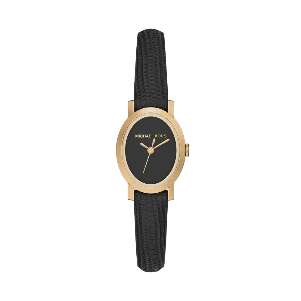 Michael Kors Maude MK7585 women's quartz watch with 21mm oval gold-tone stainless steel case, black dial, and lizard-embossed black leather strap