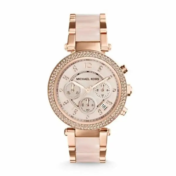 Michael Kors Parker MK5896 rose gold chronograph watch with blush acetate bracelet and crystal-set bezel on white background