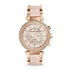Michael Kors Parker MK5896 rose gold chronograph watch with blush acetate bracelet and crystal-set bezel on white background