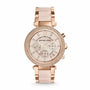 Michael Kors Parker MK5896 rose gold chronograph watch with blush acetate bracelet and crystal-set bezel on white background