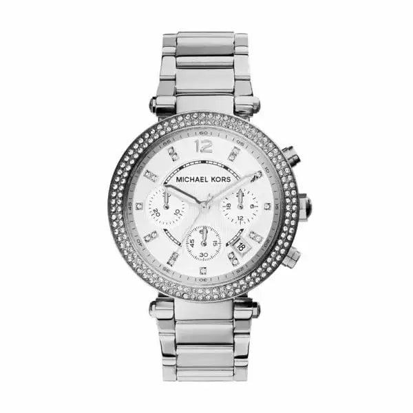 Michael Kors Parker MK5353 women's chronograph watch with silver sunray dial, double-row crystal-set bezel, and polished stainless steel bracelet