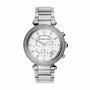 Michael Kors Parker MK5353 women's chronograph watch with silver sunray dial, double-row crystal-set bezel, and polished stainless steel bracelet