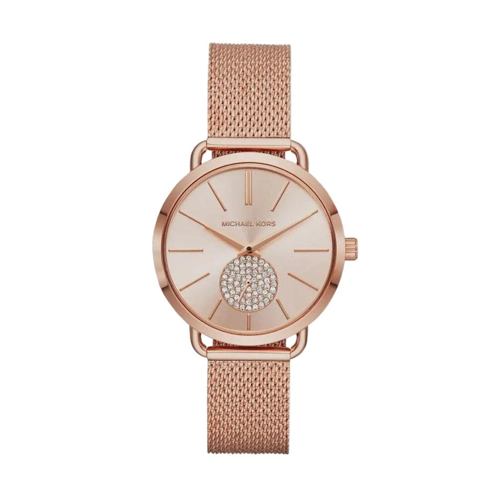 Michael Kors Portia MK3845 rose gold quartz watch with pavé crystal sub-dial and Milanese mesh bracelet on white background