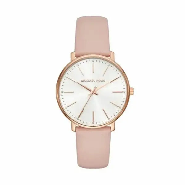 Michael Kors Pyper MK2741 quartz watch with white dial, rose gold-tone stainless steel case, and pink leather strap on white background