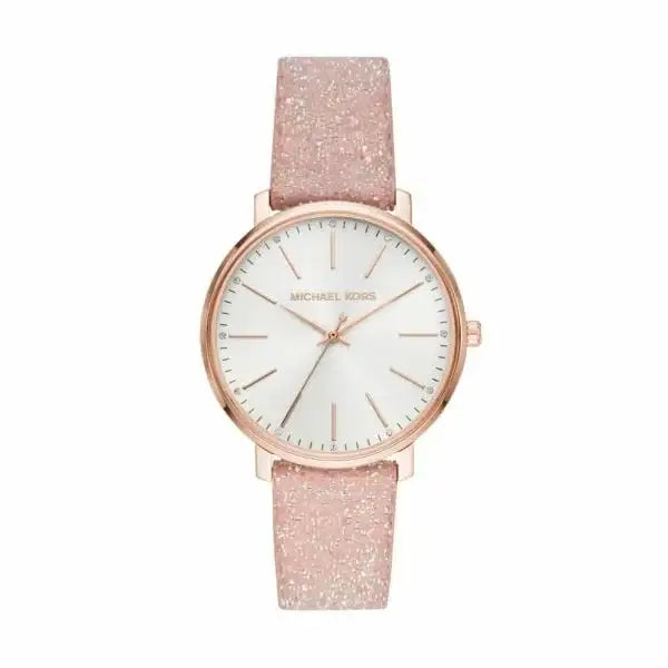 Michael Kors Pyper MK2884 white sunray dial rose gold-tone steel case leather strap quartz watch