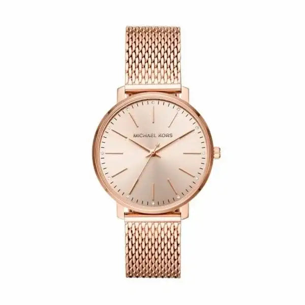 Michael Kors Pyper MK4340 rose gold quartz watch with sunray dial and stainless steel mesh bracelet on white background