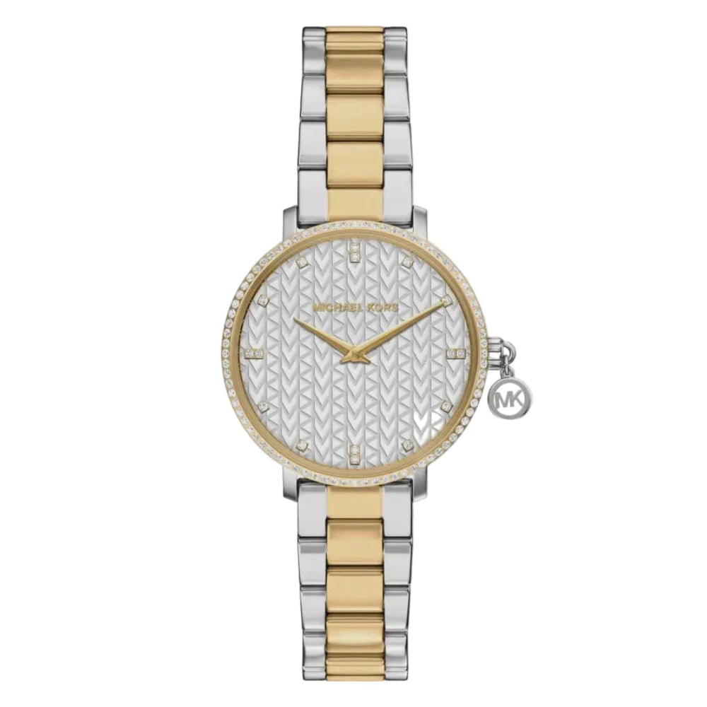 Michael Kors Pyper MK7574 two-tone quartz watch with white monogram dial, pavé crystal bezel and stainless steel bracelet