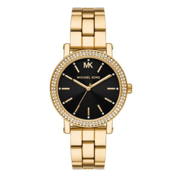 Michael Kors Corey MK7345 gold-tone alloy watch with 38mm round case, black sunray dial, and pavé crystal bezel on three-link bracelet