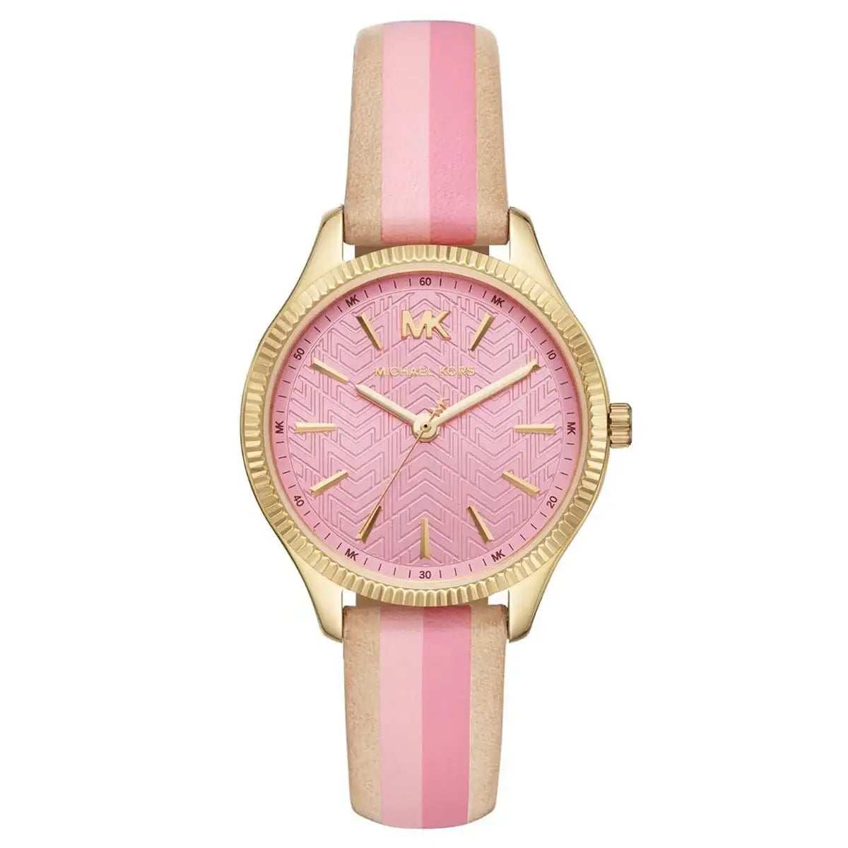 Michael Kors Lexington MK2809 quartz ladies watch with pink chevron-pattern dial, gold-tone case, coin-edge bezel, and striped leather strap in beige and pink tones