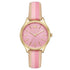 Michael Kors Lexington MK2809 quartz ladies watch with pink chevron-pattern dial, gold-tone case, coin-edge bezel, and striped leather strap in beige and pink tones