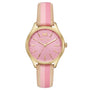 Michael Kors Lexington MK2809 quartz ladies watch with pink chevron-pattern dial, gold-tone case, coin-edge bezel, and striped leather strap in beige and pink tones