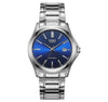 Casio watch with blue dial and silver bracelet on a white background, featuring 'Time Check' branding. Cassimsandco.