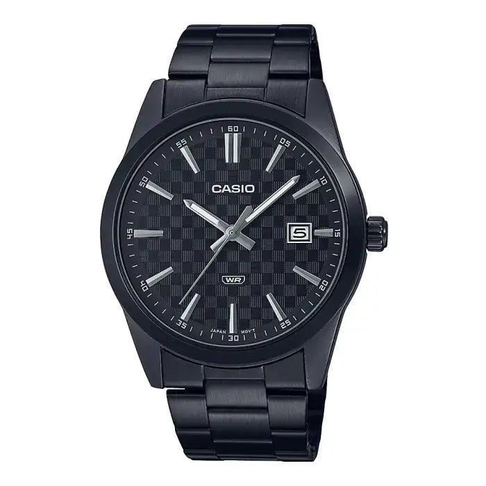 Casio MTP-VD03B-1A black ion-plated quartz watch with textured black dial and stainless steel bracelet